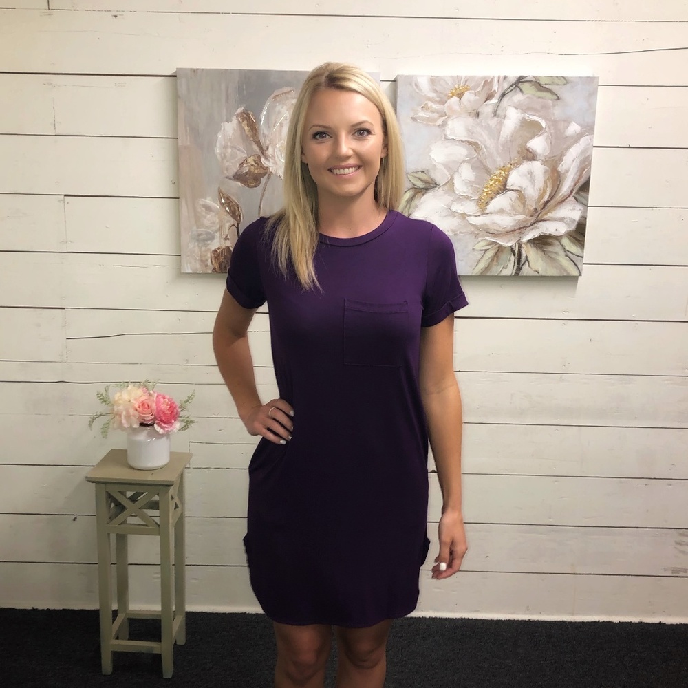 Relaxed Fit Pocket T - Shirt Dress - Plum